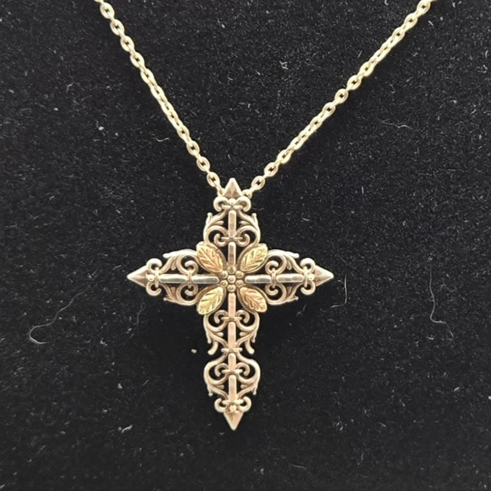 ✝️ Coleman Co Cross Necklace 12K Black Hills Gold & Ster Silver Filigree & Chain